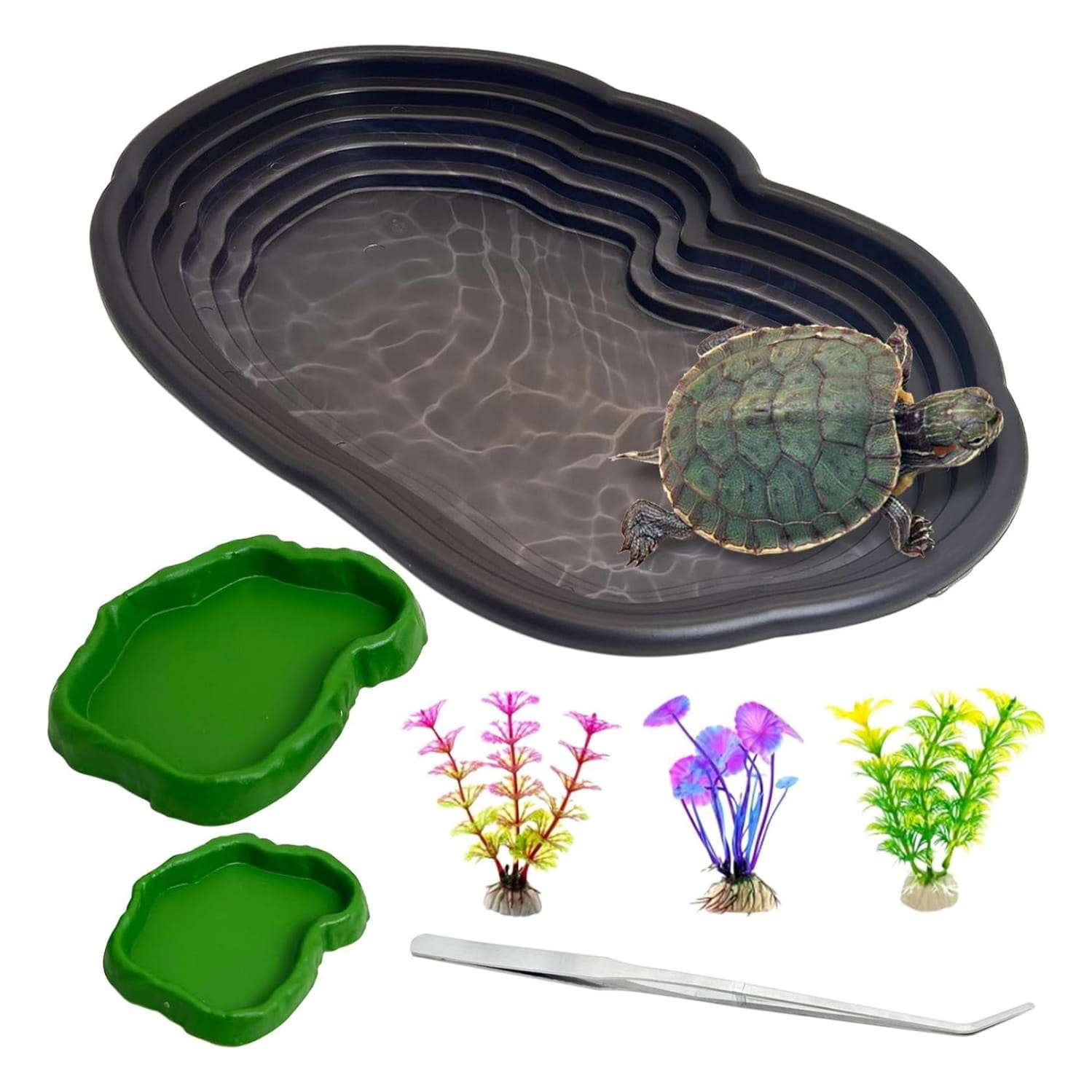Un kit de 7 accesorios para terrario, que incluye una piscina de plástico con rampa y un set de dos cuencos y plantas artificiales.