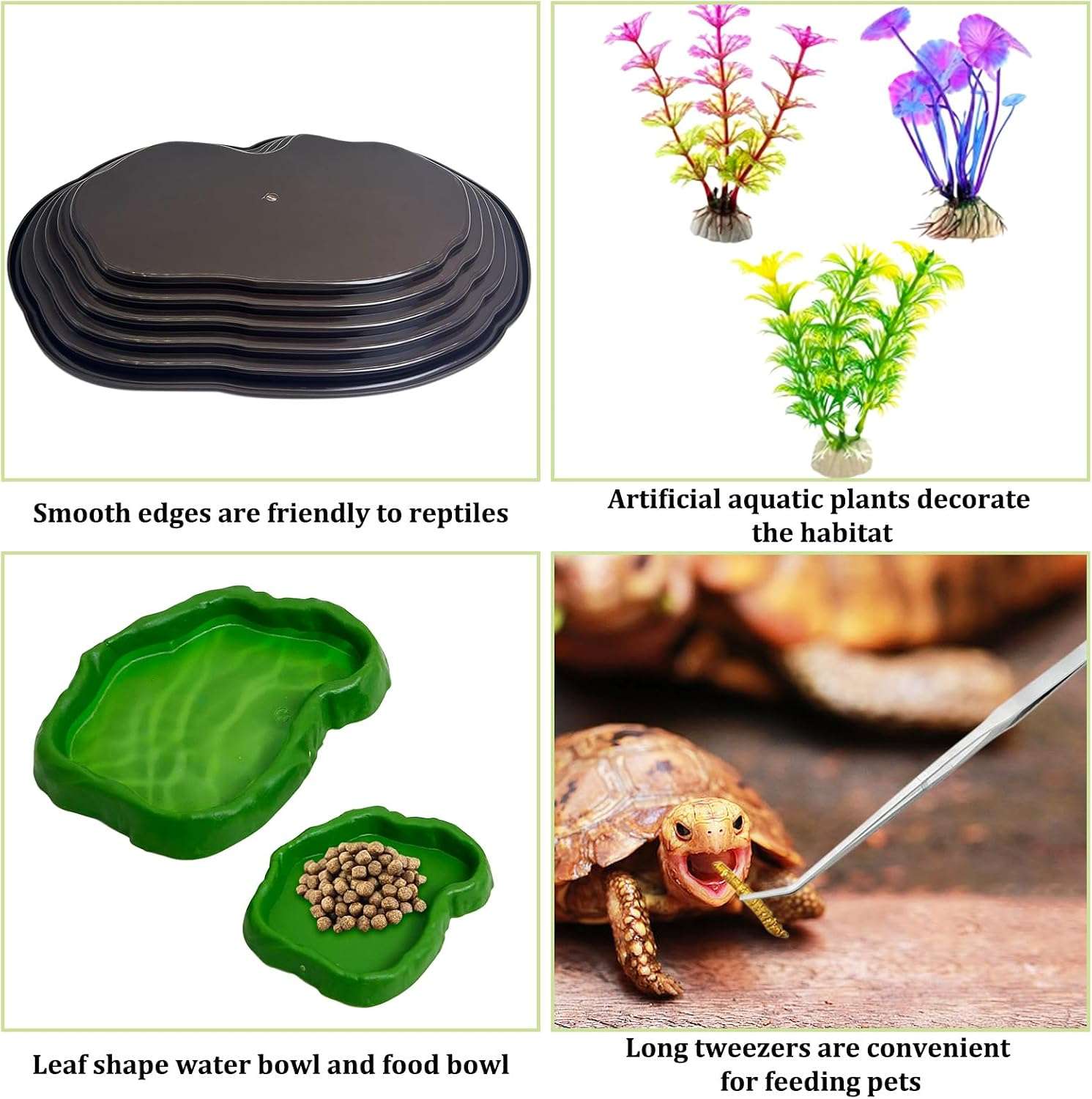 Un kit de 7 accesorios para terrario, que incluye una piscina de plástico con rampa y un set de dos cuencos y plantas artificiales.