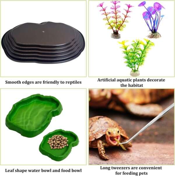 Un kit de 7 accesorios para terrario, que incluye una piscina de plástico con rampa y un set de dos cuencos y plantas artificiales.