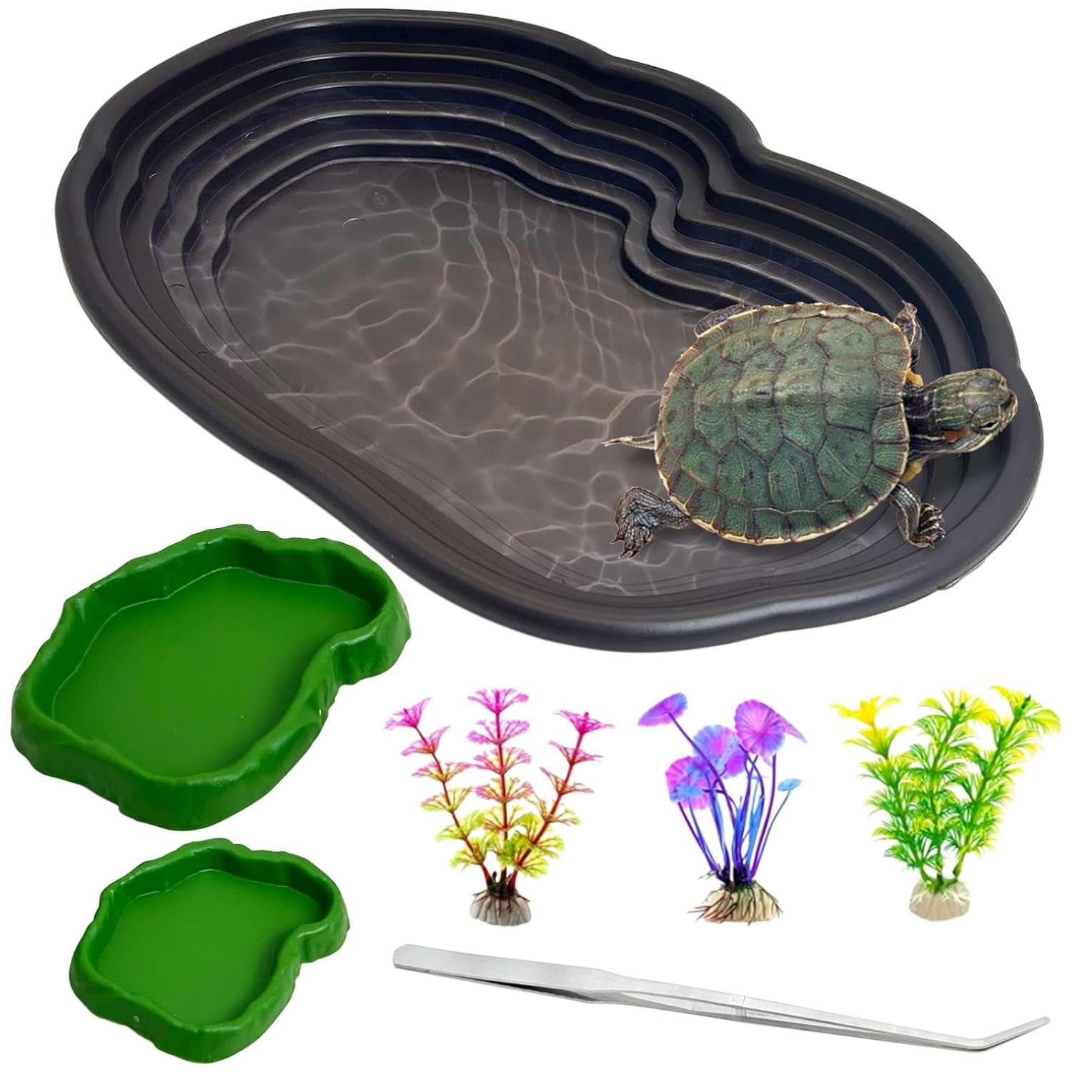 Un kit de 7 accesorios para terrario, que incluye una piscina de plástico con rampa y un set de dos cuencos y plantas artificiales.