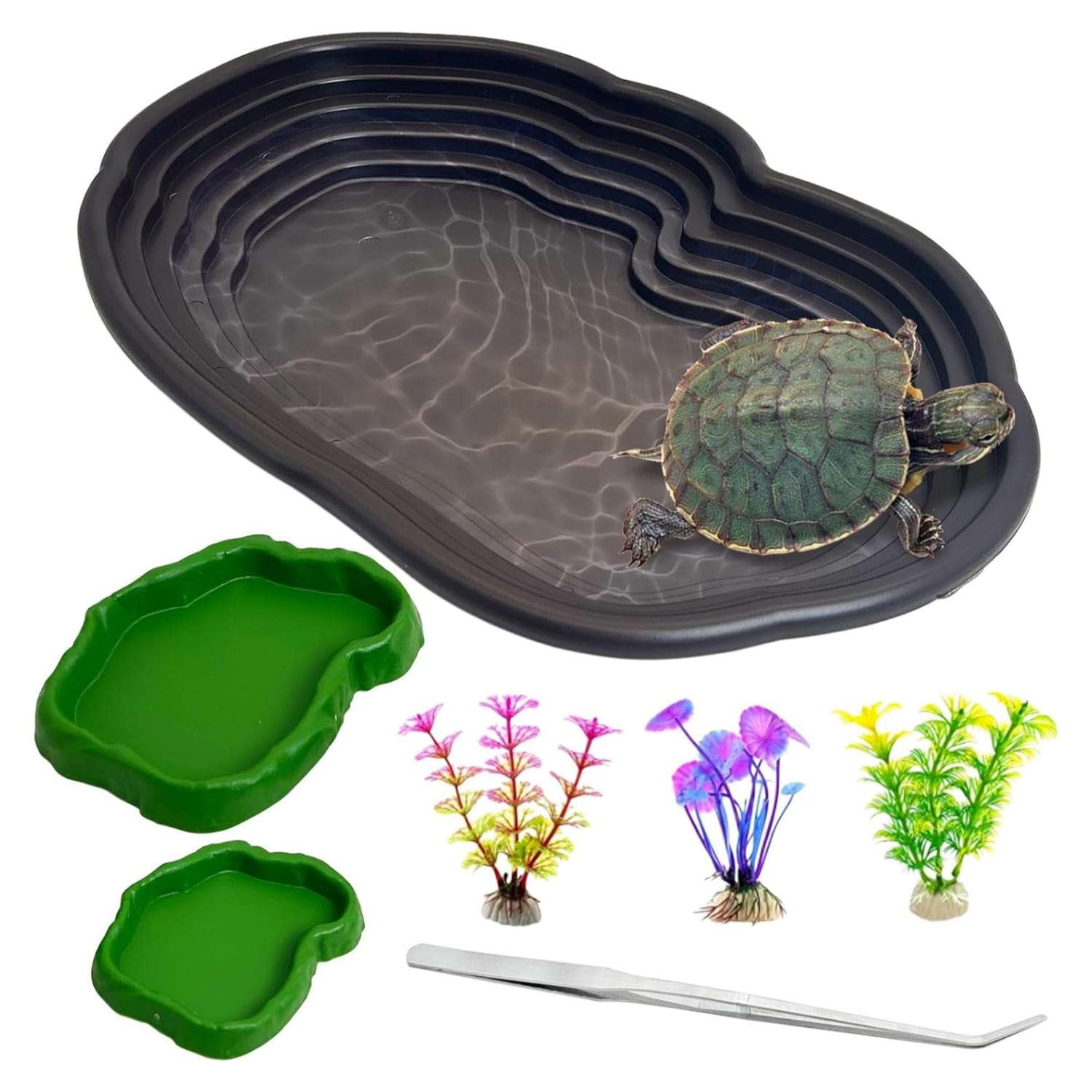 Un kit de 7 accesorios para terrario, que incluye una piscina de plástico con rampa doble desmontable y dos cuencos para comida y agua.