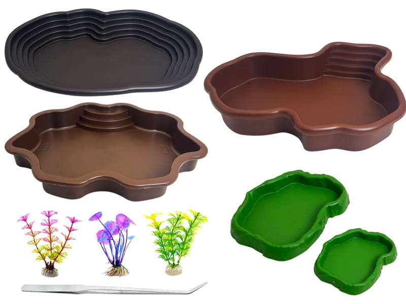 Un kit de 7 accesorios para terrario, que incluye una piscina de plástico con rampa doble desmontable y dos cuencos para comida y agua.
