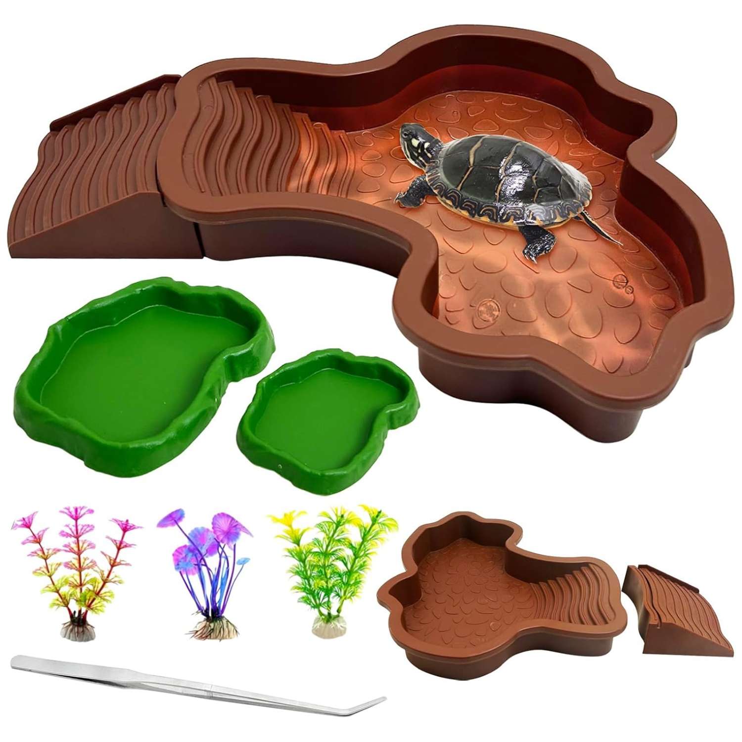 Un kit de 7 accesorios para terrario, que incluye una piscina de plástico con rampa doble desmontable y dos cuencos para comida y agua.