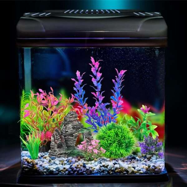 Kit de 8 decoraciones para acuario: roca escondite y 7 plantas artificiales (5 a 20 cm) de hojas suaves.