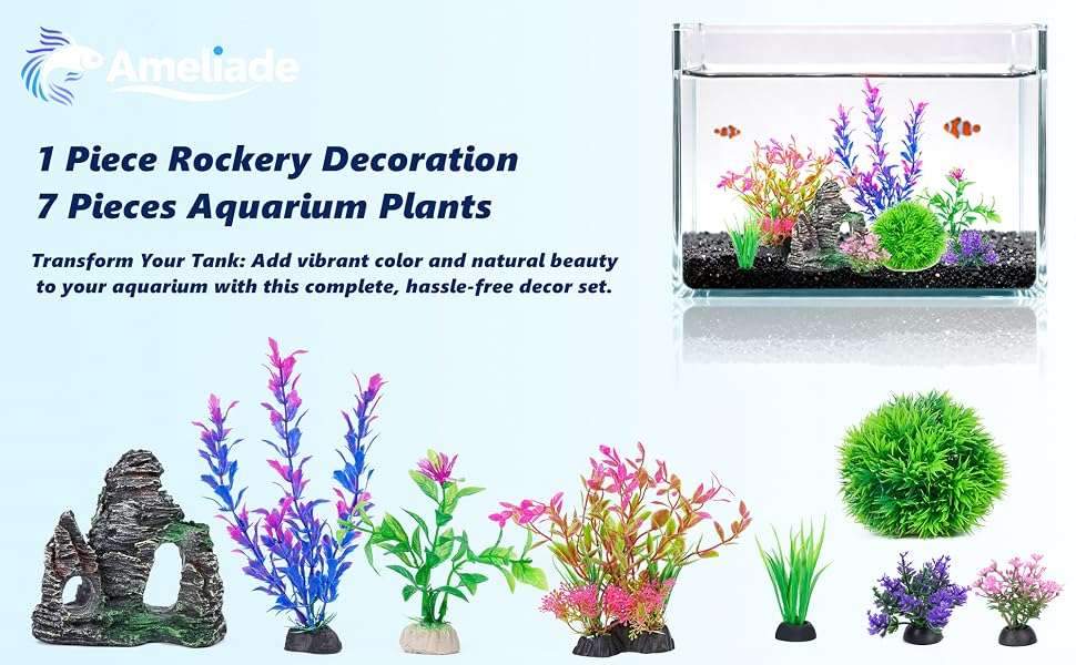 Kit de 8 decoraciones para acuario: roca escondite y 7 plantas artificiales (5 a 20 cm) de hojas suaves.