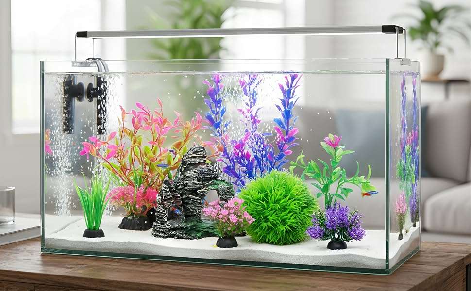 Kit de 8 decoraciones para acuario: roca escondite y 7 plantas artificiales (5 a 20 cm) de hojas suaves.