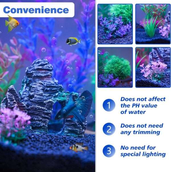 Kit de 8 decoraciones para acuario: roca escondite y 7 plantas artificiales (5 a 20 cm) de hojas suaves.