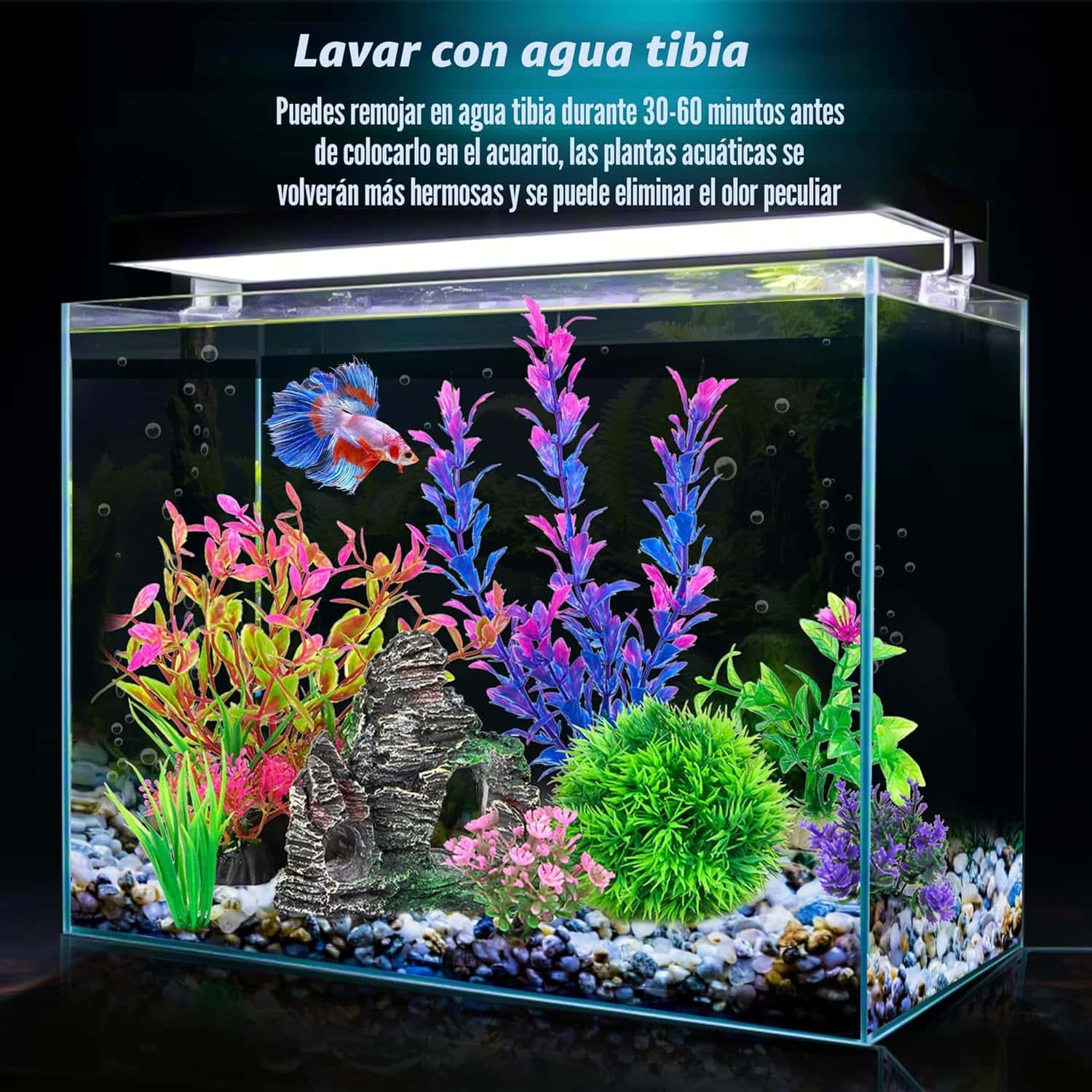 Kit de 8 decoraciones para acuario: roca escondite y 7 plantas artificiales (5 a 20 cm) de hojas suaves.