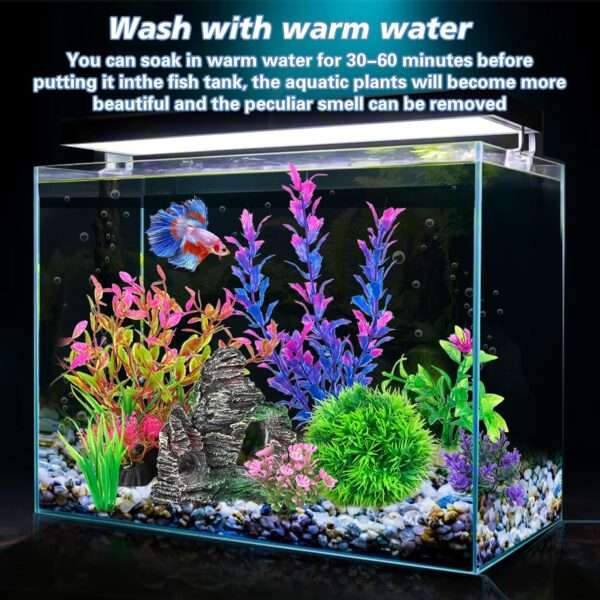 Kit de 8 decoraciones para acuario: roca escondite y 7 plantas artificiales (5 a 20 cm) de hojas suaves.