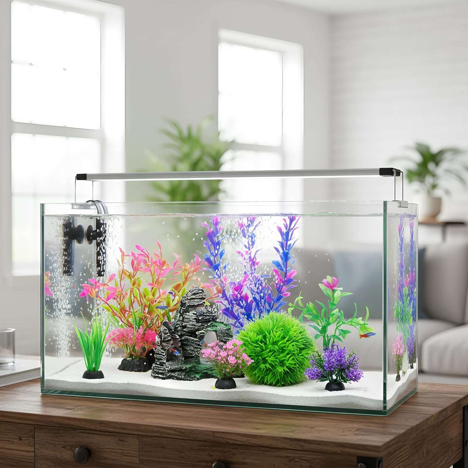 Kit de 8 decoraciones para acuario: roca escondite y 7 plantas artificiales (5 a 20 cm) de hojas suaves.