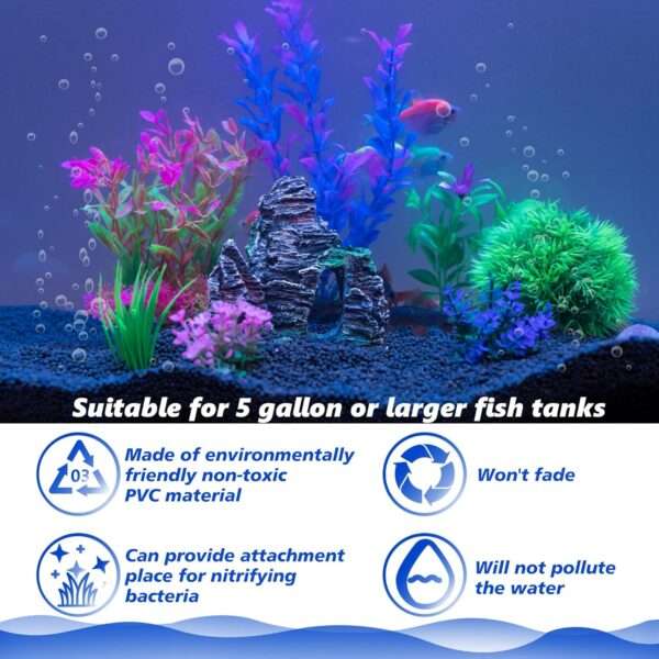 Kit de 8 decoraciones para acuario: roca escondite y 7 plantas artificiales (5 a 20 cm) de hojas suaves.