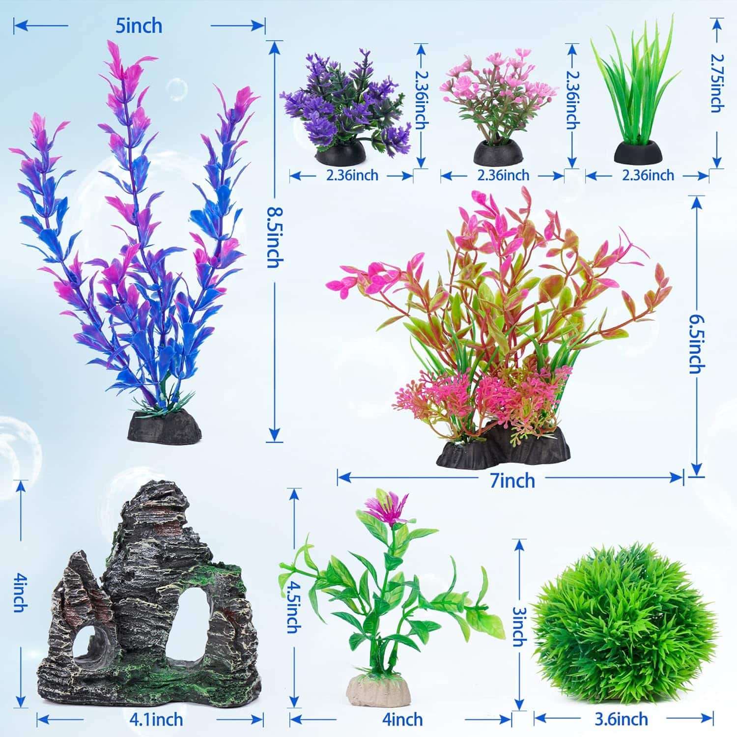 Kit de 8 decoraciones para acuario: roca escondite y 7 plantas artificiales (5 a 20 cm) de hojas suaves.