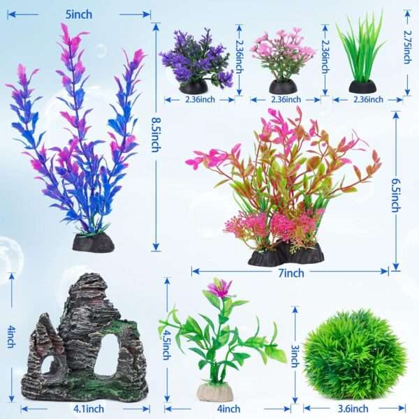 Kit de 8 decoraciones para acuario: roca escondite y 7 plantas artificiales (5 a 20 cm) de hojas suaves.