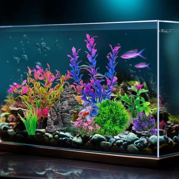 Kit de 8 decoraciones para acuario: roca escondite y 7 plantas artificiales (5 a 20 cm) de hojas suaves.