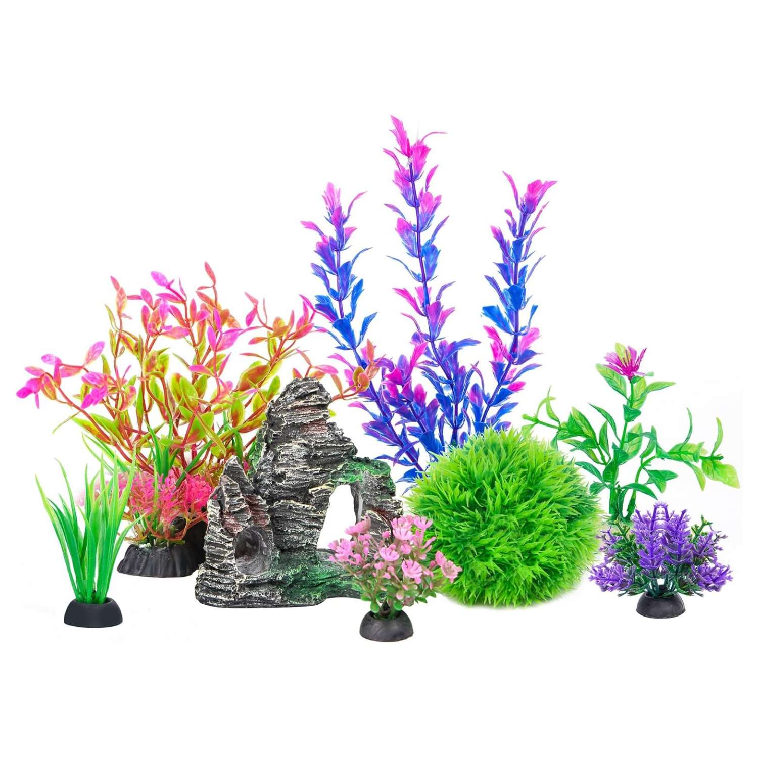 Kit de 8 decoraciones para acuario: roca escondite y 7 plantas artificiales (5 a 20 cm) de hojas suaves.