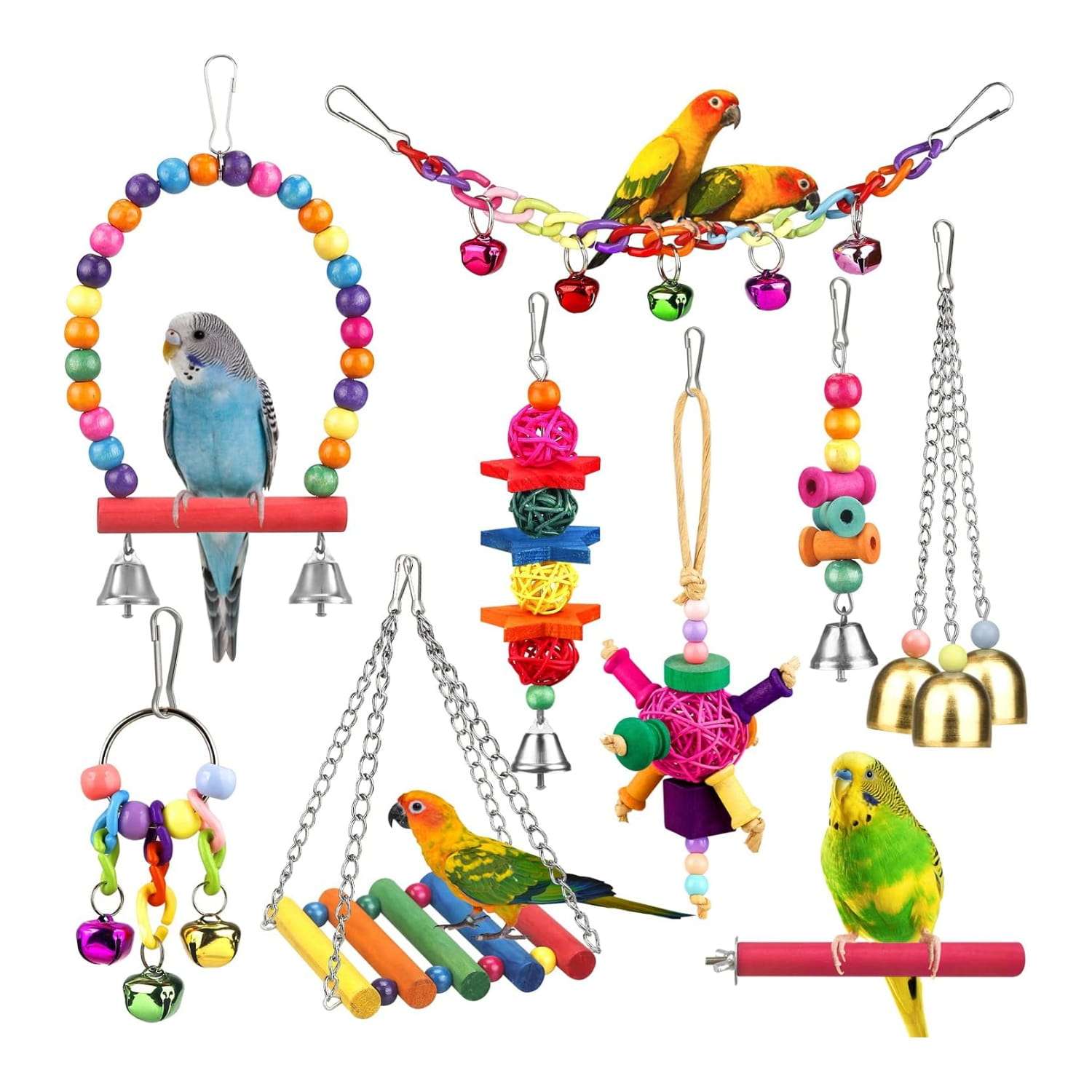 Kit de juguetes para loros. Accesorios para jaula de aves con campanas y hamacas.