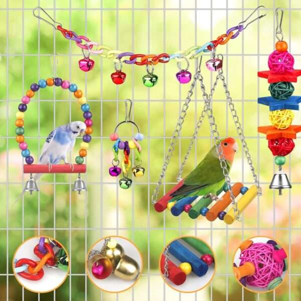 Kit de juguetes para loros. Accesorios para jaula de aves con campanas y hamacas.