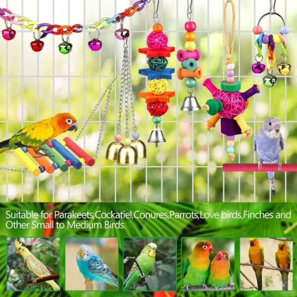 Kit de juguetes para loros. Accesorios para jaula de aves con campanas y hamacas.
