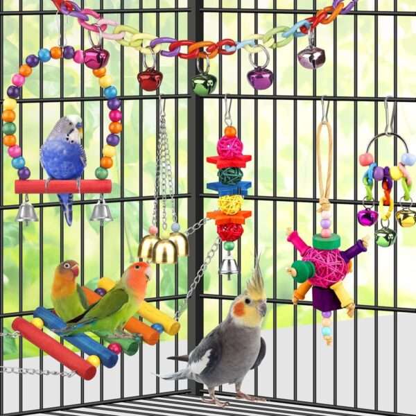 Kit de juguetes para loros. Accesorios para jaula de aves con campanas y hamacas.