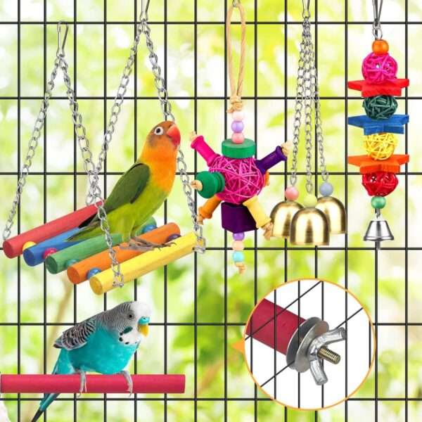Kit de juguetes para loros. Accesorios para jaula de aves con campanas y hamacas.