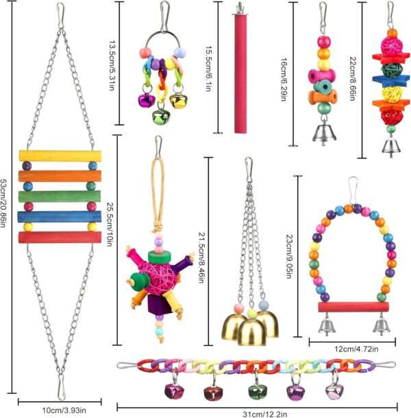 Kit de juguetes para loros. Accesorios para jaula de aves con campanas y hamacas.