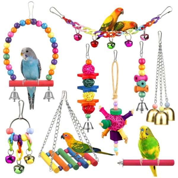 Kit de juguetes para loros. Accesorios para jaula de aves con campanas y hamacas.