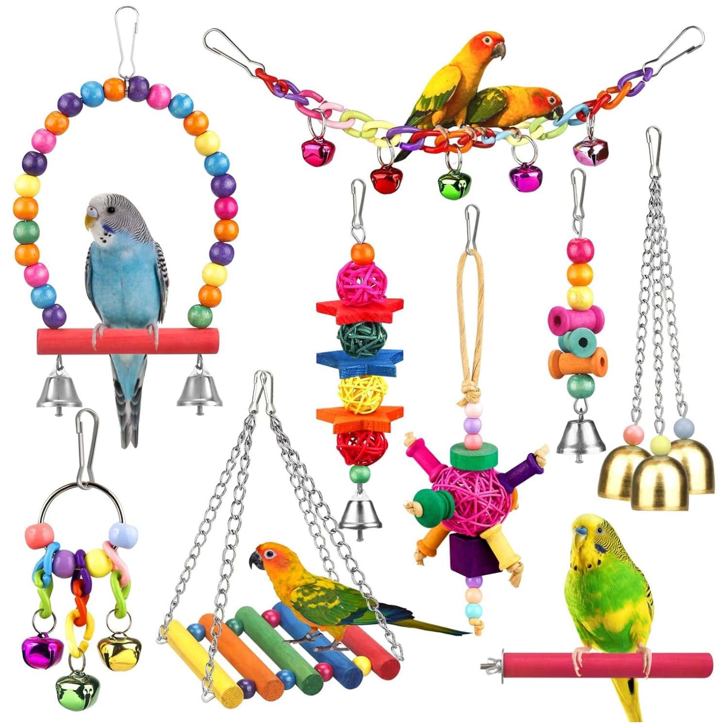 Kit de juguetes para loros. Accesorios para jaula de aves con campanas y hamacas.