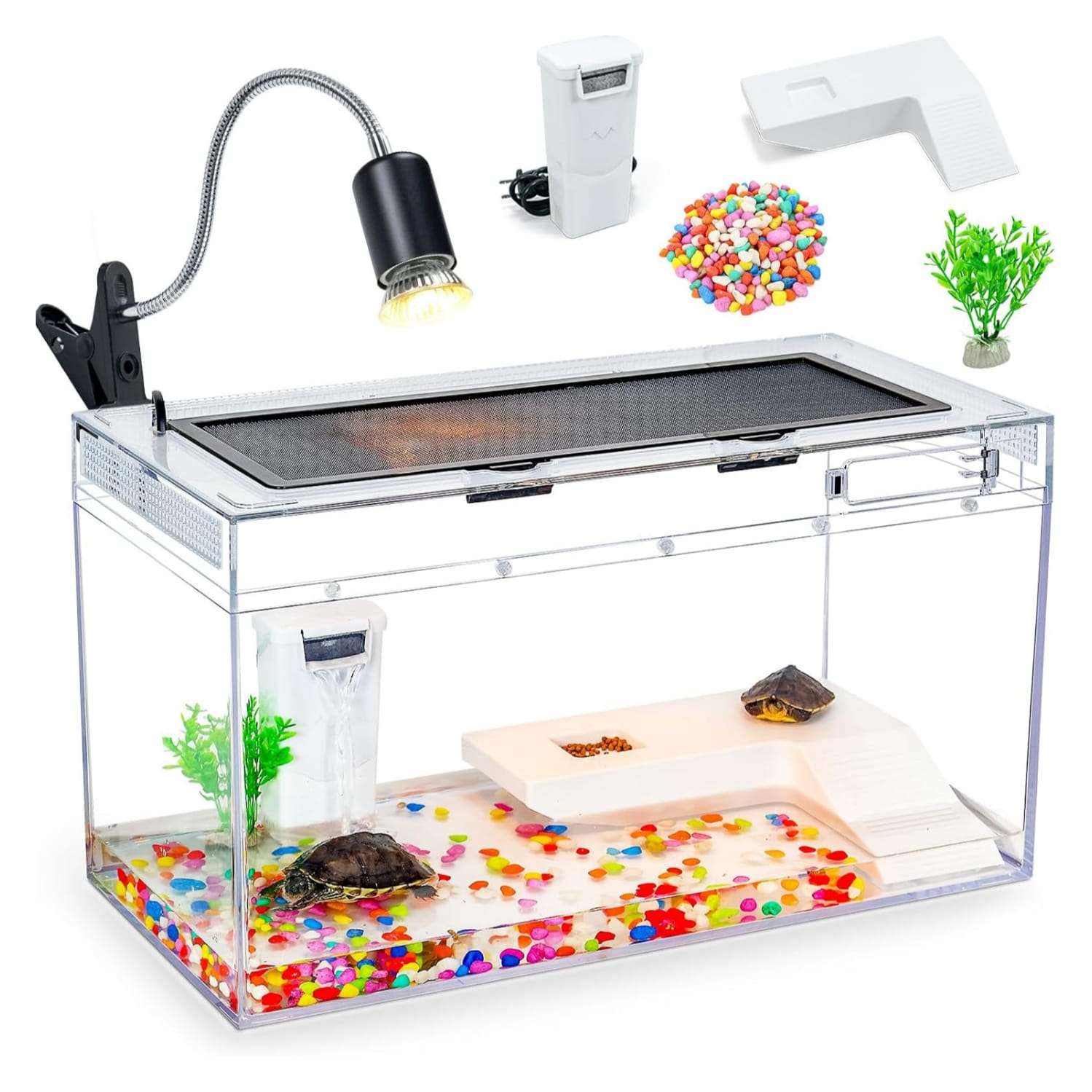 Un kit completo de acuario para tortugas, mostrando un tanque de policarbonato con filtro, lámpara, plataforma y una vista de alta definición.