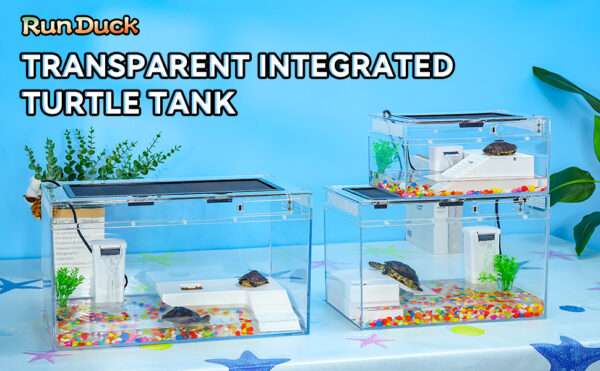Un kit completo de acuario para tortugas, mostrando un tanque de policarbonato con filtro, lámpara, plataforma y una vista de alta definición.