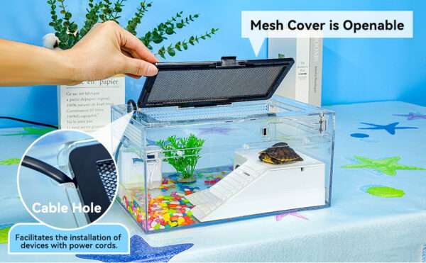 Un kit completo de acuario para tortugas, mostrando un tanque de policarbonato con filtro, lámpara, plataforma y una vista de alta definición.
