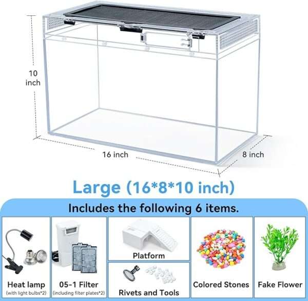 Un kit completo de acuario para tortugas, mostrando un tanque de policarbonato con filtro, lámpara, plataforma y una vista de alta definición.