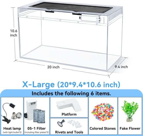 Un kit completo de acuario para tortugas, mostrando un tanque de policarbonato con filtro, lámpara, plataforma y una vista de alta definición.