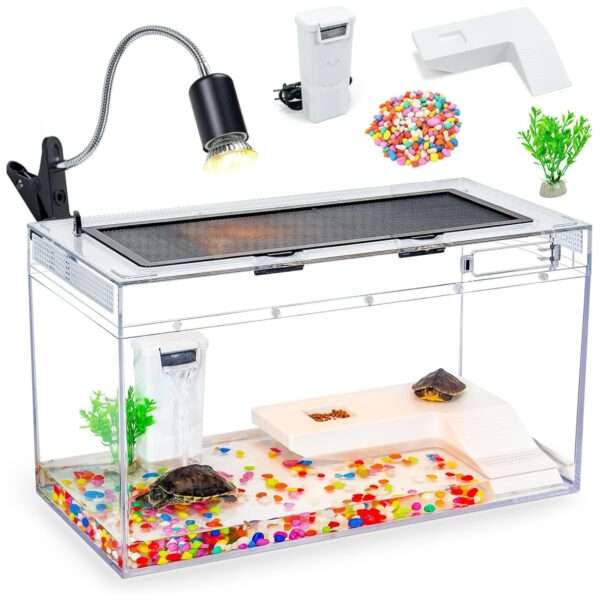 Un kit completo de acuario para tortugas, mostrando un tanque de policarbonato con filtro, lámpara, plataforma y una vista de alta definición.