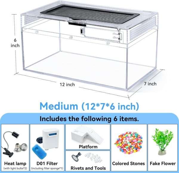 Un kit completo de acuario para tortugas, mostrando un tanque de policarbonato con filtro, lámpara, plataforma y una vista de alta definición.