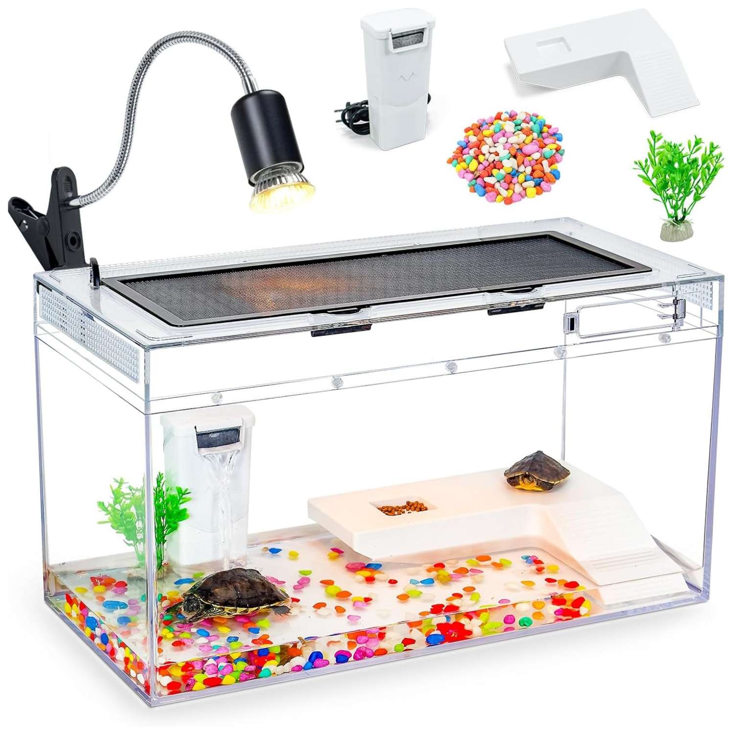 Un kit completo de acuario para tortugas, mostrando un tanque de policarbonato con filtro, lámpara, plataforma y una vista de alta definición.
