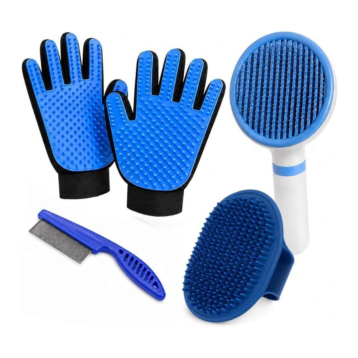 Juego de aseo 4 en 1 para perros. Incluye cepillo, guantes, peine y masajeador.