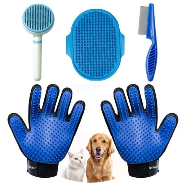 Juego de aseo 4 en 1 para perros. Incluye cepillo, guantes, peine y masajeador.