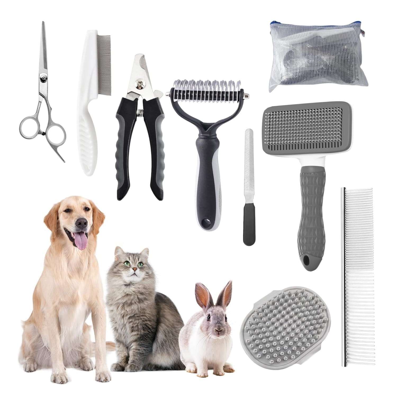 Kit de aseo 9 en 1 para perros y gatos. Incluye cepillo, cortaúñas y lima para mascotas.