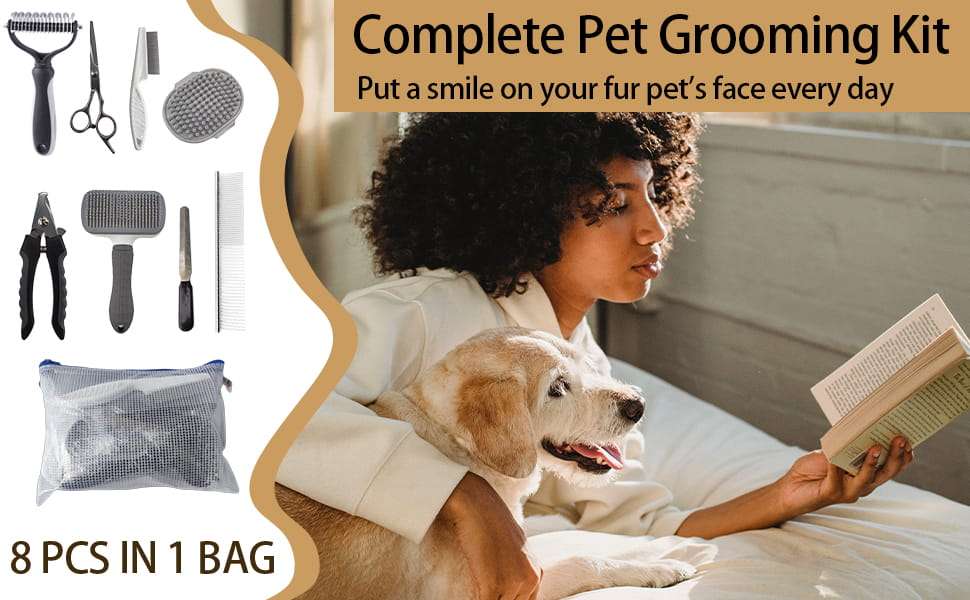 Kit de aseo 9 en 1 para perros y gatos. Incluye cepillo, cortaúñas y lima para mascotas.