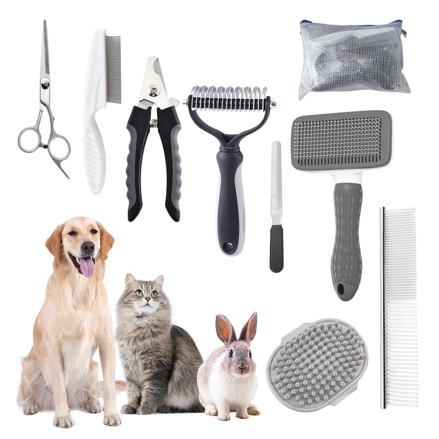 Kit de aseo 9 en 1 para perros y gatos. Incluye cepillo, cortaúñas y lima para mascotas.