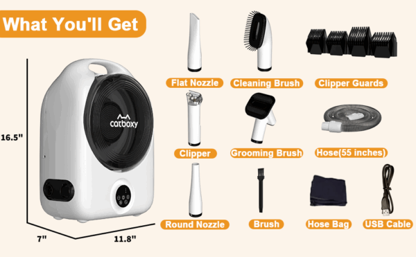 Kit profesional 5 en 1 para mascotas: Secador de pelo con aspiradora y cepillo, ideal para perros y gatos.