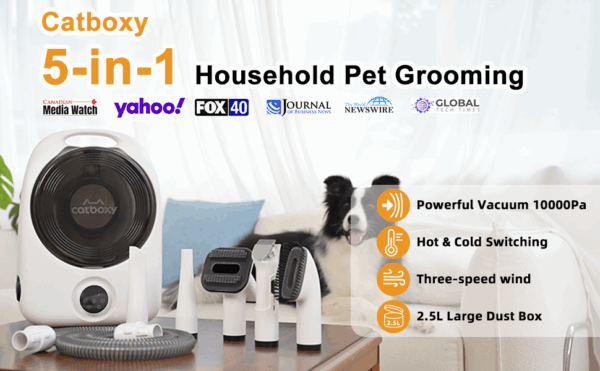 Kit profesional 5 en 1 para mascotas: Secador de pelo con aspiradora y cepillo, ideal para perros y gatos.