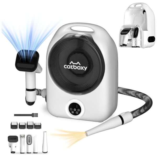 Kit profesional 5 en 1 para mascotas: Secador de pelo con aspiradora y cepillo, ideal para perros y gatos.