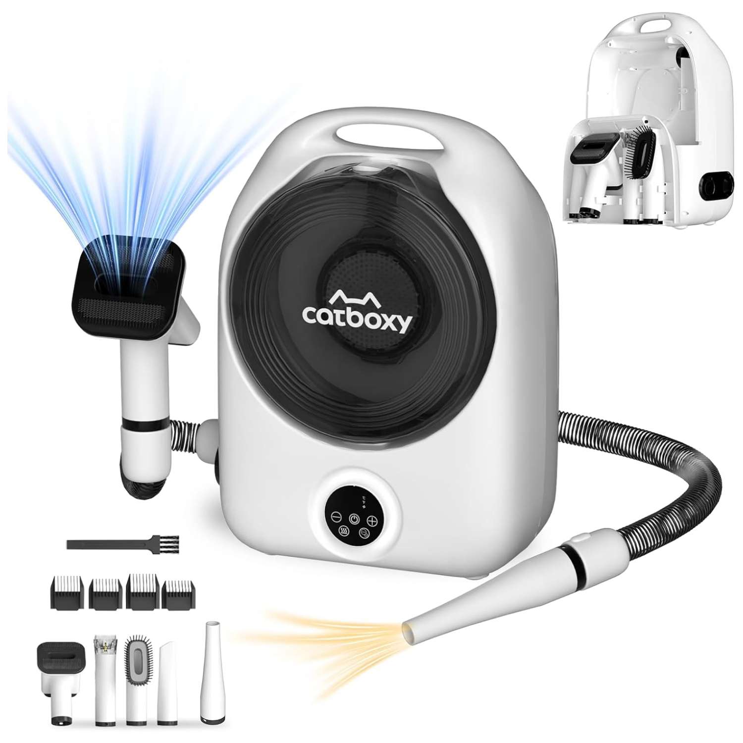 Kit profesional 5 en 1 para mascotas: Secador de pelo con aspiradora y cepillo, ideal para perros y gatos.