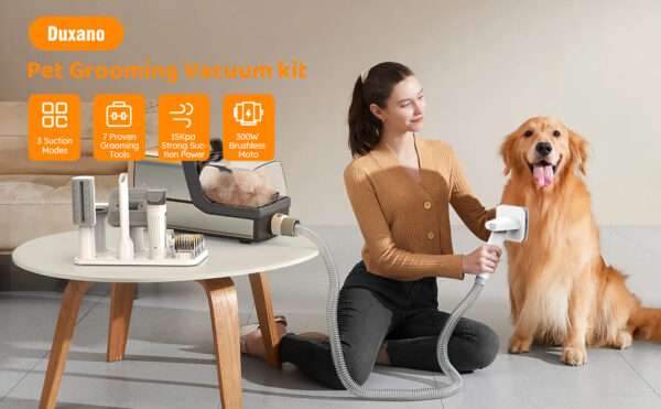 Kit profesional 5 en 1 para mascotas: Aspiradora de pelo de perro y gato con succión de 15,000 Pa.
