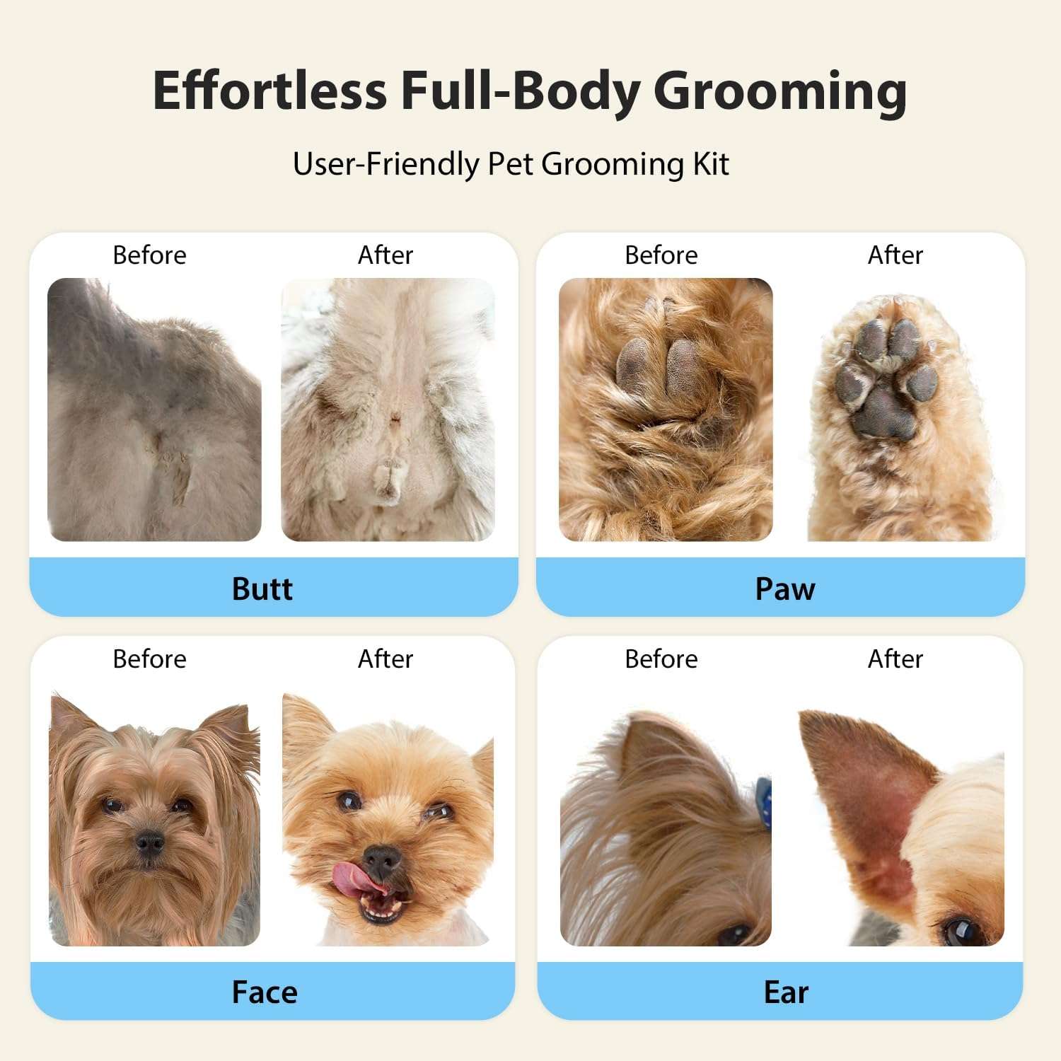 Kit de aseo profesional para perros, silencioso, inalámbrico y recargable.