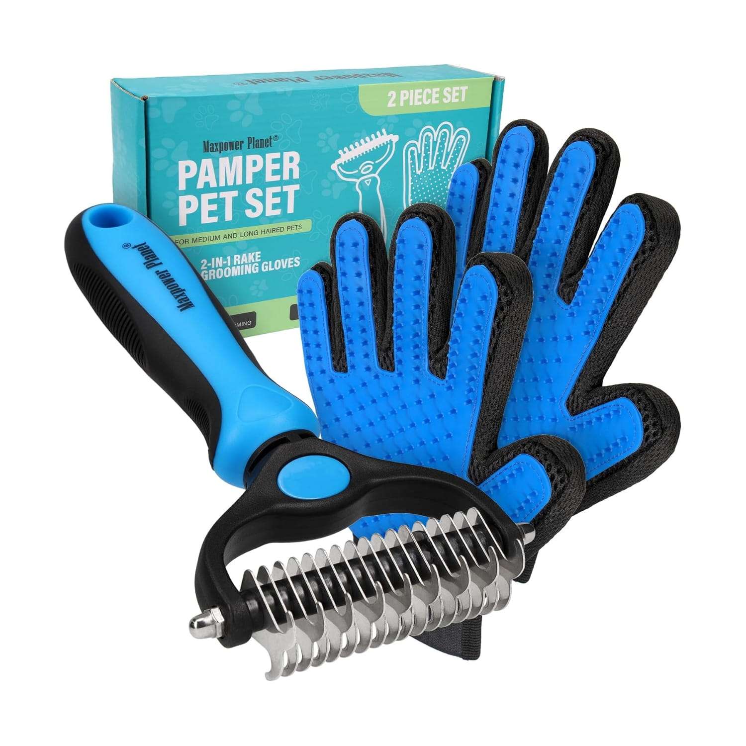 Kit de aseo para perros y gatos. Cepillo de doble cara y guantes para eliminar pelo de mascotas.