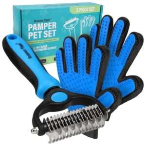 Kit de aseo para perros y gatos. Cepillo de doble cara y guantes para eliminar pelo de mascotas.