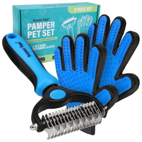 Kit de aseo para perros y gatos. Cepillo de doble cara y guantes para eliminar pelo de mascotas.