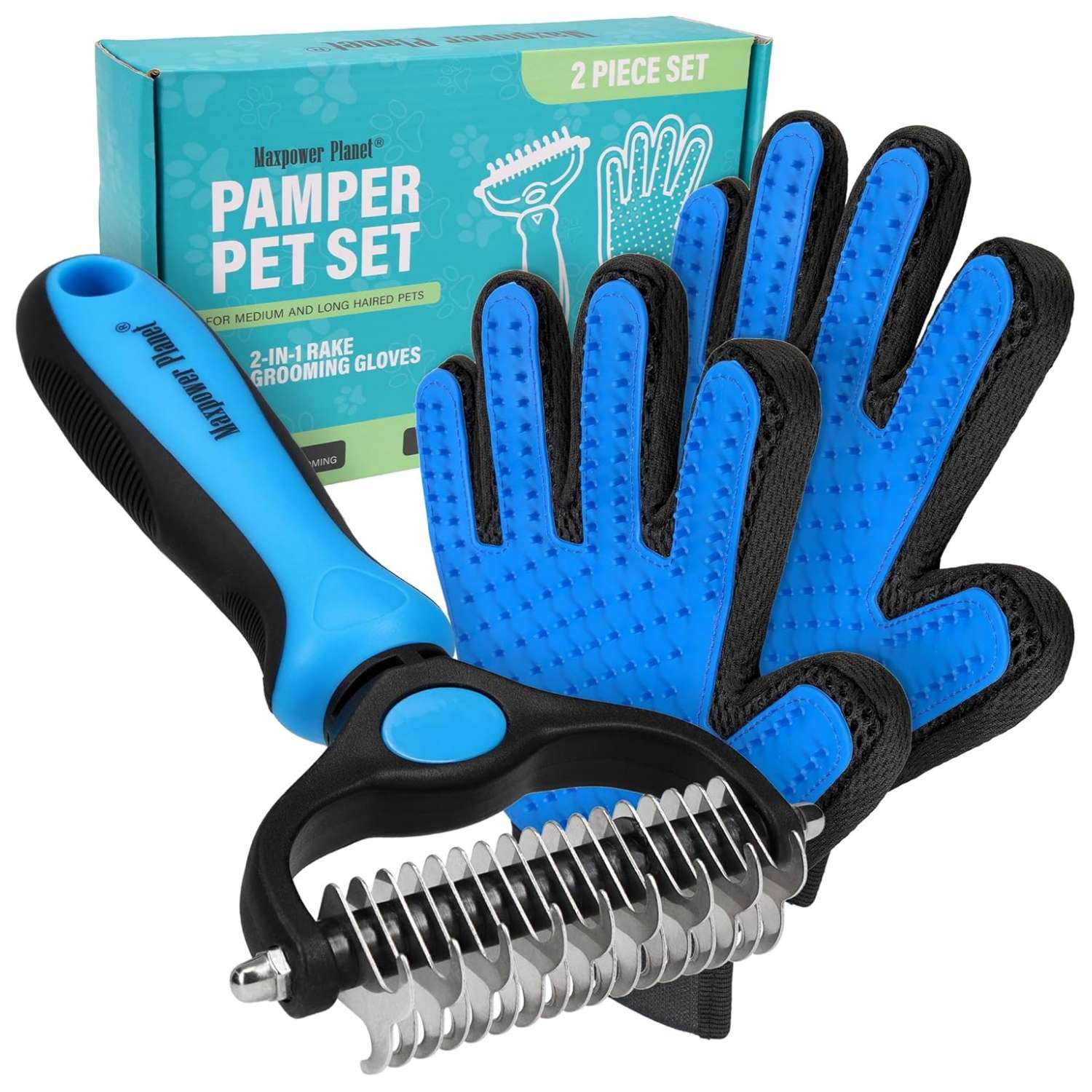 Kit de aseo para perros y gatos. Cepillo de doble cara y guantes para eliminar pelo de mascotas.
